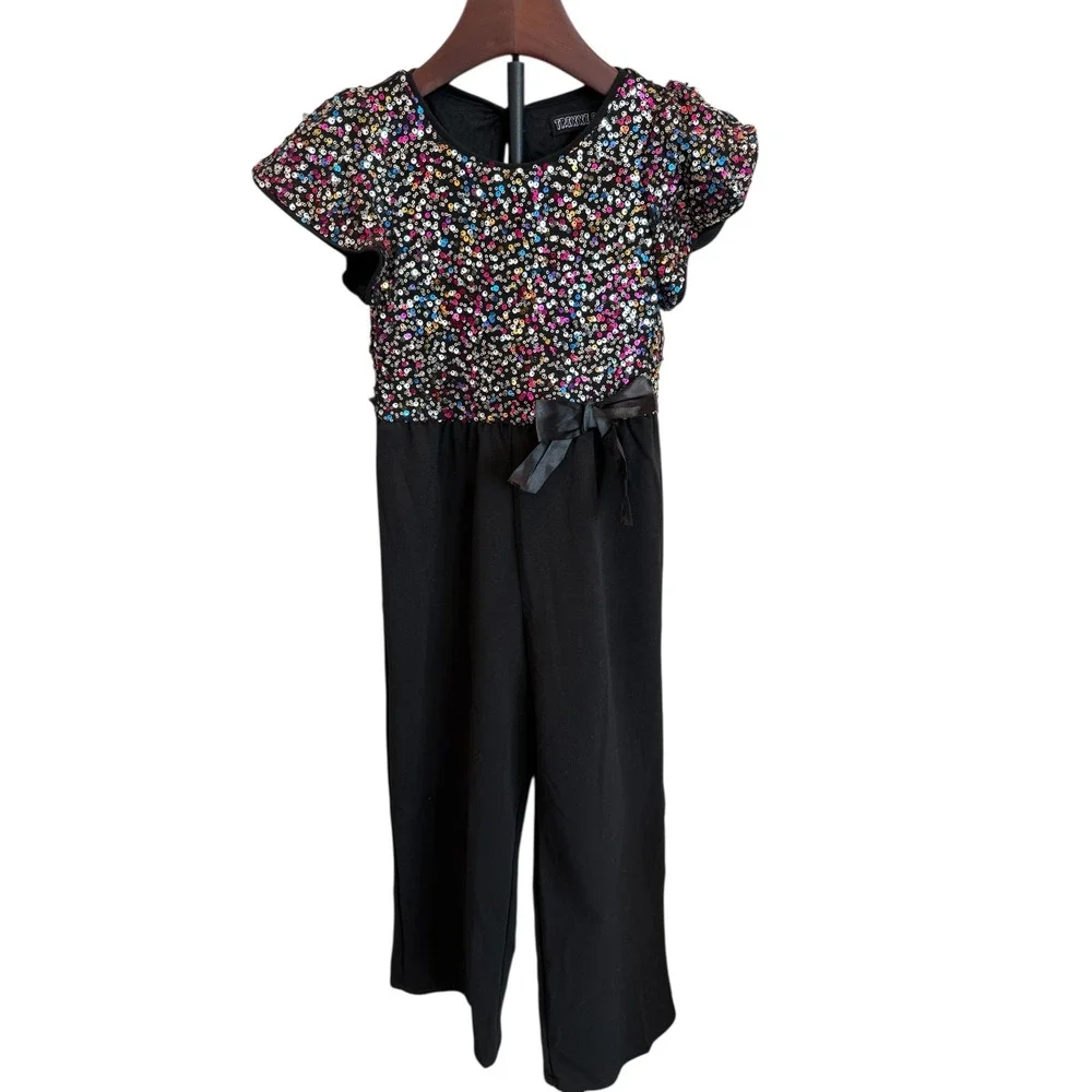 Trixxi Girl Girls Black Sequin Flutter Sleeve Jumpsuit Size S